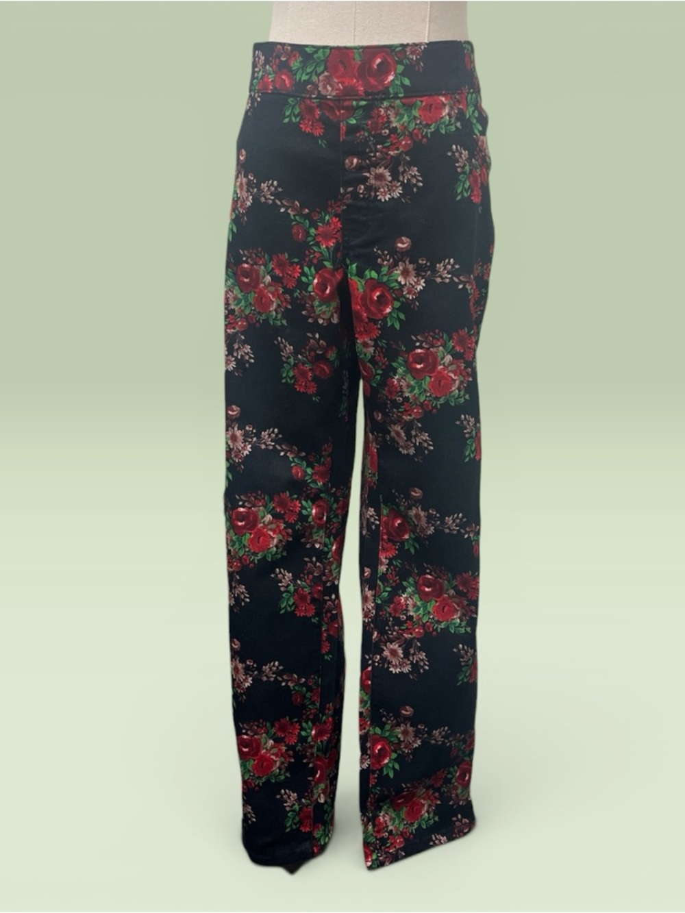 *NWOT**The Pioneer Woman Black Floral Pants with Red & Green Rose Print